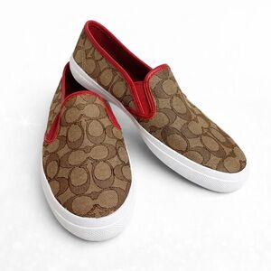 Coach Signature Slip-On Sneakers Brown & Red Women's Size 7.5. New No Box